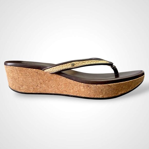 UGG Cork Wedge Jute Thong Sandals Women Size 7 Brown Leather Flip Flop - Picture 1 of 10